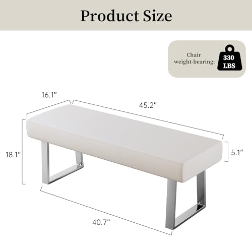 JIEXI 45.3" Upholstered PU Leather Bedroom Bench Footstool with Metal Legs | Sturdy Silver Plated Chrome Legs, Padded Seat, Space Saver, for Bedroom Entryway Living Room Window - color: White, size: 45 IN