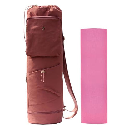 ESVAN Yoga Mat Bag with Multi Pockets Drawstring Yoga Mat Carrier Pilates Exercise Multi-Functional Storage Bag - color: Nylon Pink