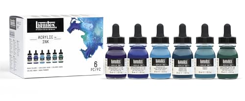 Liquitex Professional Acrylic Ink, 1-oz, Aqua Color Set, Set of 6 | Ultra Fluid Acrylic, Highly Pigmented, Dye-Free, Non-Fading, Satin Finish, Permanent When Dry, Lightfast - color: Aqua - Set of 6