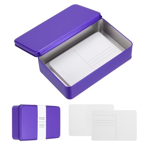 MECCANIXITY 20 Sheets Watercolor Postcards, 100% Cotton 4x6 Inch Watercolor Paper with Purple Tin Box Blank Postcards Rough for Mailing Painting Invitations Greeting Cards(140lb/300gsm) - color: Purple