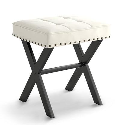 LUE BONA White Vanity Stool - Square Faux Leather Makeup Seat With Metal X Legs, Small Ottoman Chair for Makeup Room, Living Room, Bathroom - Padded Foot Rest - color: White Color