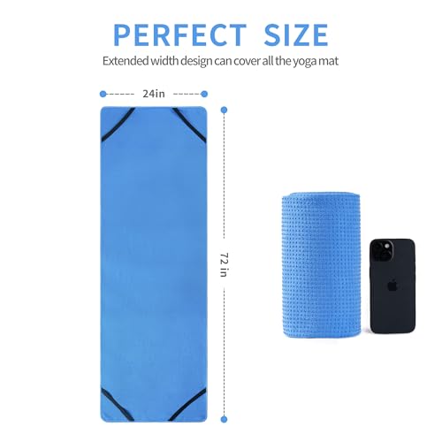 MICROFI Microfiber Hot Yoga Towel Mat, 24 x 72 inches, with Non-Slip Silicone Grip, Secure Fit Elastic Straps (Blue) - color: Blue