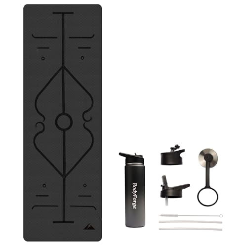 BodyForge Yoga Mat Thick Exercise Mat Thick 8mm TPE Eco-Friendly with Alignment Marks Non-Slip Extra Thick High-Density for Women Men Workout Pilates & Sports Water Bottle Bundles - color: Black/Grey, size: 22oz Bottle