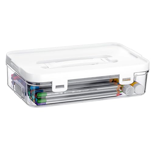 BTSKY Clear Plastic Storage Container with Lid & Handle, Multipurpose Craft Organizers and Storage Box, Easy Carry & Stack Flat Storage Box for Pencils Markers Crayons Sticky Notes, 1 Pack - color: 1 Pack
