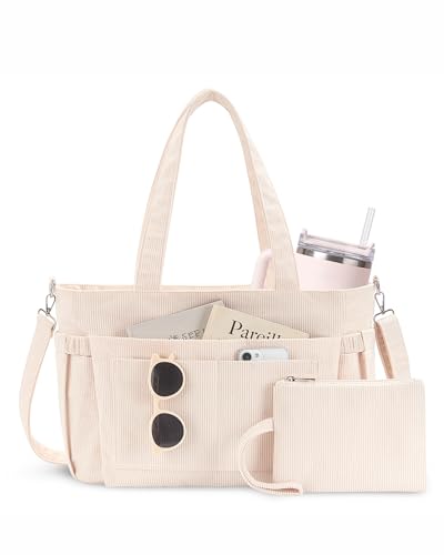 NPBAG Corduroy Tote Bag for Women with 9 Pockets & 40oz Cup Holder, Laptop Work Purse for Teacher Nurse, Travel College Bag - color: Beige