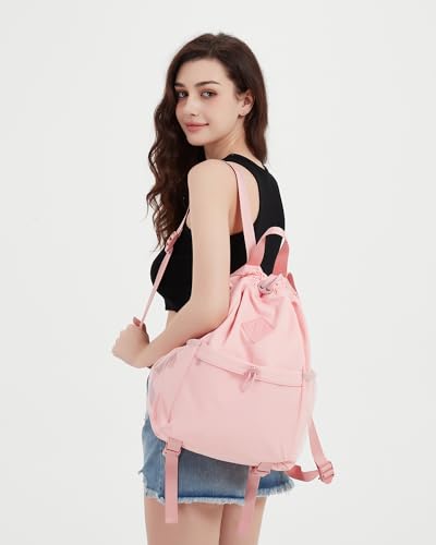 WANDF Drawstring Backpack for Women, Lightweight Gym Bag with Yoga Mat Strap, Water-Resistant String Backpack with Mesh Pocket (Pink, Patent Pending) - color: Pink
