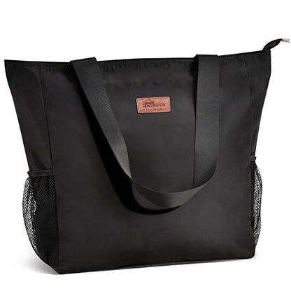 Buringer Large Waterproof Beach Bag for Women Sandproof Tote Bag with Zipper and Pockets Pool Bag for Travel Gym Vacation - color: Black