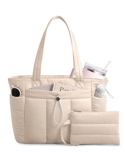 TOPDesign Puffy Tote Bag for Women with Cup Holder & Laptop Compartment & Cosmetic Bag & Trolley Sleeve for Work, Travel - color: Beige, size: Medium