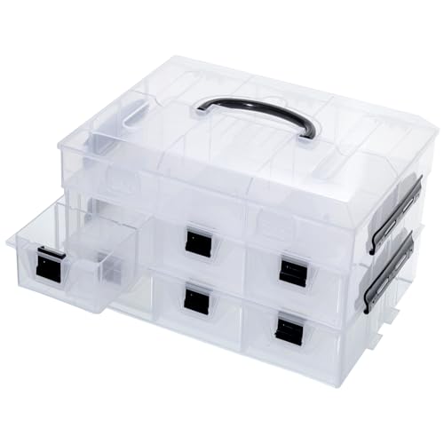 MyGift 11 Inch Clear Plastic Storage Box Container, Arts and Crafts Sewing Supplies Organizer Case with Black Accents, 24 Customizable Compartments, and 6 Drawers with Removable Dividers | Sewing Supplies Organizer Case with Black Accents, 24 Customizable