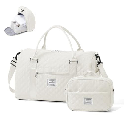 Gym Duffle Bag for Women with Shoe Compartment Waterproof Travel Tote Bags Personal Item Carry On Weekender Overnight Bags with Toiletry Bag Swimming Yoga Bags Hospital Holdalls Beige - color: C5-Grid-Beige