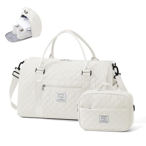 Gym Duffle Bag for Women with Shoe Compartment Waterproof Travel Tote Bags Personal Item Carry On Weekender Overnight Bags with Toiletry Bag Swimming Yoga Bags Hospital Holdalls Beige - color: C5-Grid-Beige