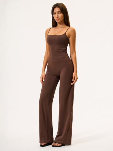 Womens Two Piece Workout Sets Spaghetti Straps Crop Top Matching Straight Leg Pants Gym Yoga Pilates Outfits - color: Brown, size: Large