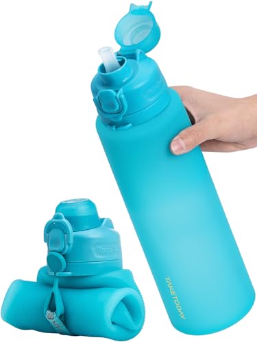 TakeToday Collapsible Water Bottles, Foldable for Travel, 32oz, Blue | Compact Foldable Travel Bottle with Straw, TSA-Approved Leakproof Silicone, BPA-Free for Hiking & Outdoors - color: Blue