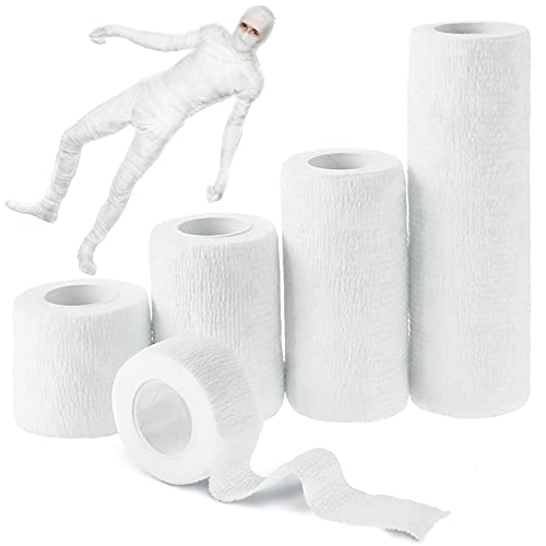 Nuanchu 5 Rolls 25 Yards Mummy Bandage Wrap Gauze Halloween Costume | Self Adhesive Stretch Bandage Rolls, Easy Wrap for Cosplay Mummy Halloween Costume Party, Fits Women Men