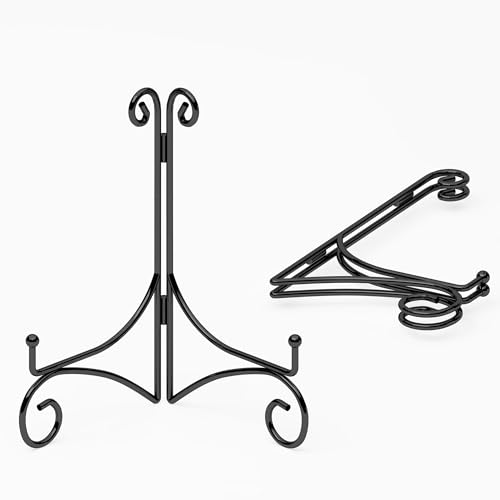 10 Inch Display Plate Stand with Folding Design, Metal Plate Holder for Tables, Picture Easel for Home Decoration, Photo Frame Stand, Black, 2-Pack