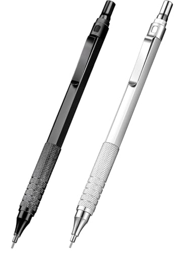 2 Pack Metal Mechanical Pencils 0.5mm for Drafting, Sketching, Engineering, Art, Architecture, Hexagon Barrel, Metal Grip, Refillable, Ergonomic Design for Students & Professionals, Silver, Black