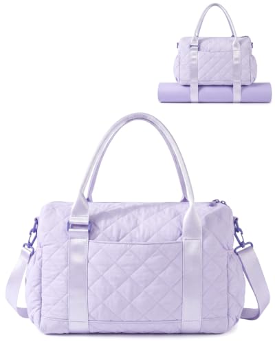 Gym Bag for Women with Yoga Mat Holder, Small Mini Gym Tote Bag Puffy Quilted Lightweight Sports Duffel Bag with Wet Compartment for Dance Yoga Workout Travel - Purple - color: Purple