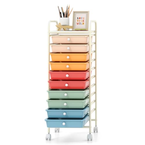 GOFLAME 10-Drawer Rolling Storage Drawer Cart, Utility Cart with Removable Drawers & Metal Frame, Mobile Art Craft Drawer Cart with Lockable Wheels for Home, Office, Studio, School, Macaron Color - color: Macaron Color, size: 10-Drawer without Wood Top
