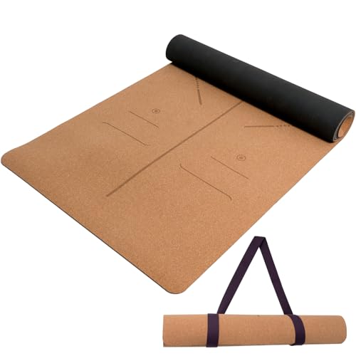 U&M Cork Yoga Mat Non-Slip, Resists Sweat and Odors Exercise Mat with Carrying Strap for Hot Yoga, Pilates, Floor & Fitness Workouts, Fitness Mats Non-Slip Natural Rubber Base & Cork Mat (72'' x 26'' x 5mm Thick) - color: line