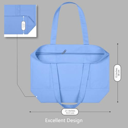 TOPDesign 1-Pack Canvas Tote Bag with an External Pocket, Reusable Grocery Shopping Bag, Top Zipper Closure, Daily Essentials (Light Blue) - color: Light Blue