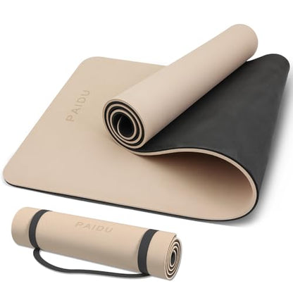 PAIDU POE Yoga Mat （10mm）Extra Thick Fitness Mat 72"x24" with Carry Strap - color: Beige+Black.