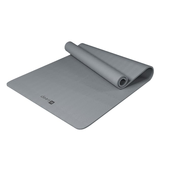 KEEP Yoga Mat - Premium 9mm Thick Exercise Mat, Anti-Tear 32'' Extra Wide Fitness Mat with Strap for Men & Women, Non Slip Yoga Equipment for Home Yoga, Pilates, Gym, Stretching, Floor & Fitness Workouts, Brown, Grey