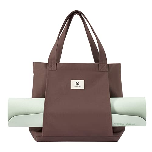 Moyaqi Canvas Tote Bag with Yoga Mat Carrier Pocket Carryall Shoulder Bag for Office, Workout, Pilates, Travel, Beach and Gym - color: Brown