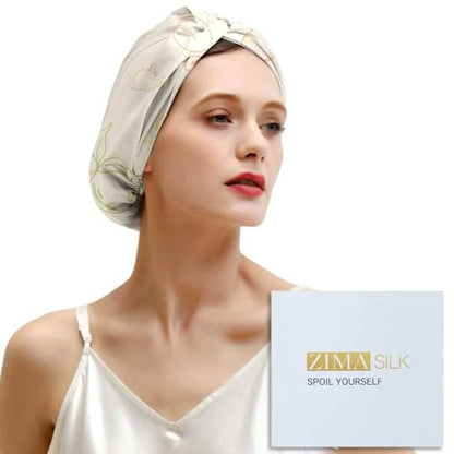 ZIMASILK 22 Momme 100% Pure Silk Bonnet for Sleeping, Ivory-Fruit Line Art - color: Ivory - Fruit Line Art