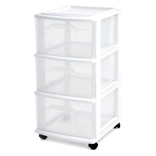 HOMZ Drawer Tower, 3-Tier Storage Cart with Removable Wheels, White Frame | Plastic Organizer with Clear Bin Drawers for Bedroom, Bathroom, Home Office, and Dorm Rooms - color: White, size: 1 Pack