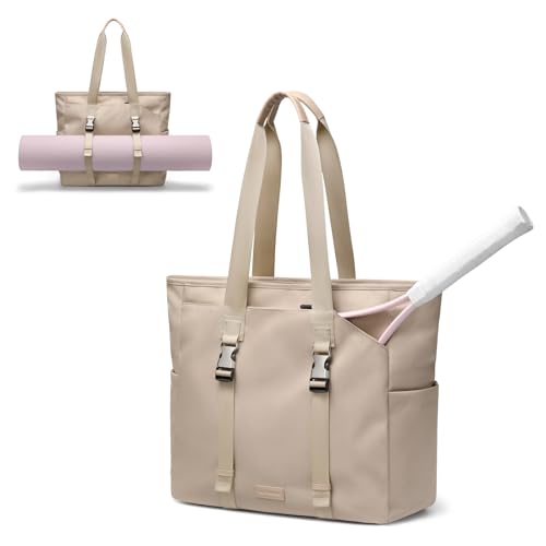 Tennis Tote Bag for Women with Yoga Mat Straps, Racket Holder Bags, 24L Lightweight Sports Bag with Wet Pocket - color: Apricot
