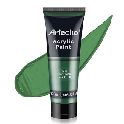 Artecho Green Acrylic Paint, Sap Green Paint (120ml / 4.05oz) Tubes, Art Craft Paints for Canvas, Rock, Stone, Wood, Fabric, Art Supplies | Semi Glossy Finish, High Pigment Rich Color Craft Paint for Canvas, Rocks, Wood, Fabric, Ceramic, Non-Toxic - color