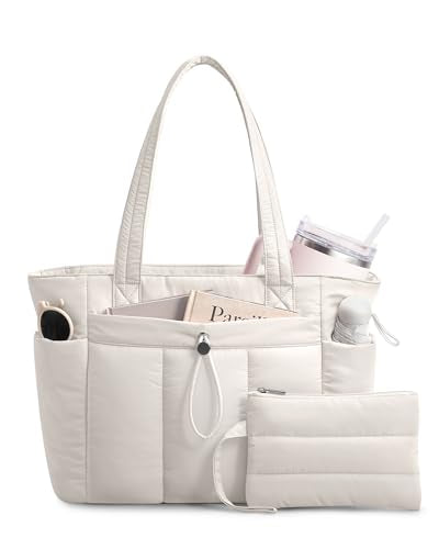 TOPDesign Puffy Tote Bag for Women with Cup Holder & Laptop Compartment & Cosmetic Bag & Trolley Sleeve for Work, Travel - color: Light White, size: Medium