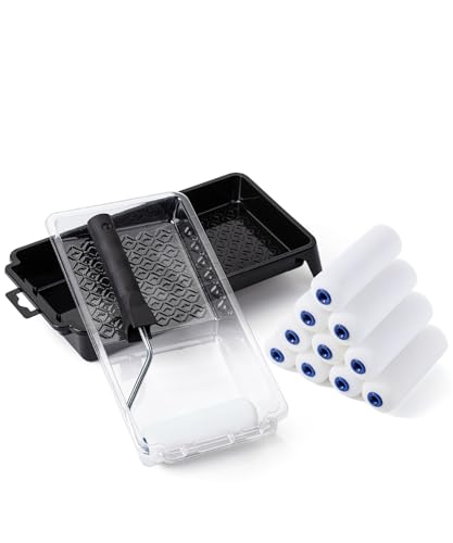 Bates- 4 Inch Foam Paint Roller Set, 15 pcs, Small Paint Roller Kit, 1x Black Plastic Paint Tray, 3X Transparent Tray Liners, 1x Roller Frame & 10x White Foam Covers