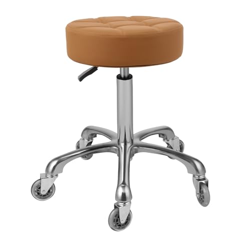Kaleurrier Rolling Stools with Adjustable Height: Swivel Stool with Wheels - color: Camel