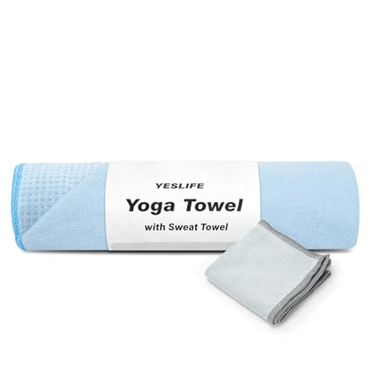YESLIFE Non-Slip Yoga Towel, 72"x24", Blue | Microfiber yoga mat towel, grip dots, sweat absorbent, hot yoga Pilates workout, includes sweat towel, Blue - color: Light Blue
