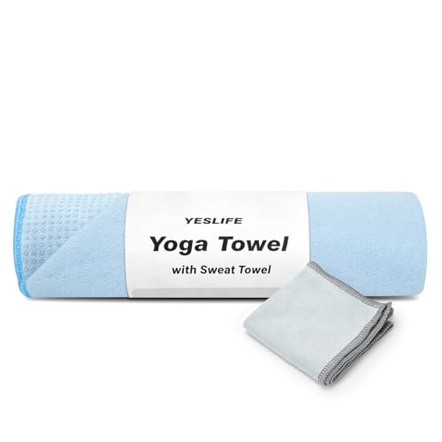 YESLIFE Non-Slip Yoga Towel, 72"x24", Blue | Microfiber yoga mat towel, grip dots, sweat absorbent, hot yoga Pilates workout, includes sweat towel, Blue - color: Light Blue