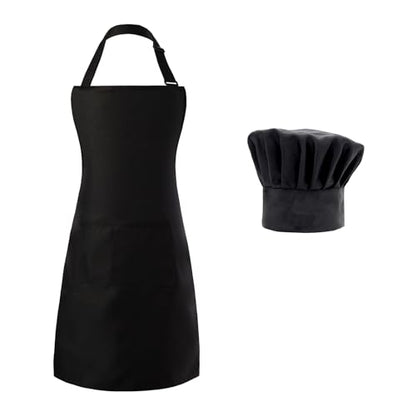 Tosewever Chef Apron Hat Set for Women and Men, Adjustable Bib Apron with 2 Pockets Costume Apron for Father Kitchen Cooking - color: Black