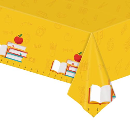 Back to School Party Tablecloth, 1PCS Disposable Plastic Table Cover, Yellow Ruler Apple Book Design, Rectangular Classroom Tablecloth for First Day of School, Teacher Appreciation Party Supplies - color: Tablecloth
