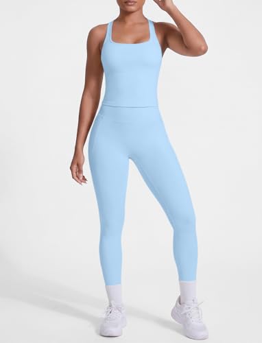 2 Piece Workout Sets for Women Racerback Tank High Waisted Pocket Leggings No Front Seam Tummy Control Butt Lifting - color: Sky Blue, size: Medium