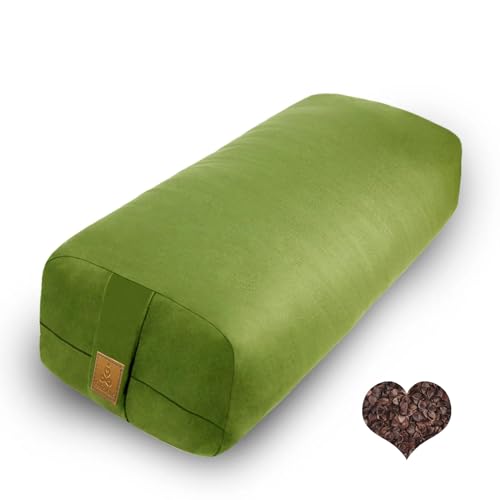 Organic Buckwheat Bolster (24X10.5X5.5 in) Supportive Rectangular Meditation Pillow 100% Cotton Cover Yoga Pillow - color: Green