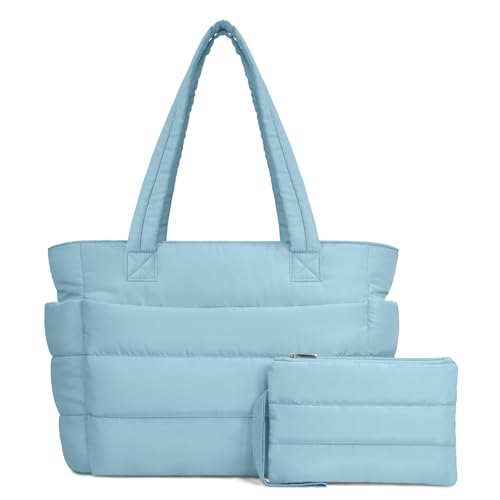 TOPDesign Puffer Tote Bag for Women, Lightweight Puffy Handbag with Compartments, Quilted Shoulder Bag for Work, Travel, Gym - color: Blue Grey, size: Medium