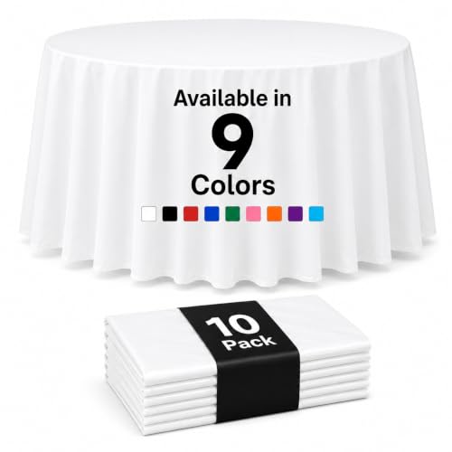 Auros 10-Pack White Plastic Tablecloths, 84" Round Disposable Table Covers | Waterproof, Spill-Proof & Throw Away Table Cloth, Easy Cleanup for Party, Birthday, Wedding, Graduation, Picnic, DIY, White - color: Pure White, size: 84" Round