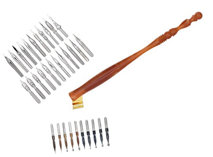 Gullor Oblique Calligraphy Dip Pen Nib Holder, Removable Nib Pen Handle Stand with 33 Nibs, Brown - color: Brown