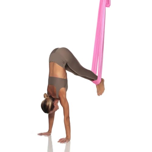 Aerial Yoga Hammock L:5M W:2.8M 5.5 Yards Aerial Pilates Silk Yoga Swing Set with 2000 Ibs Load Include Daisy Chain, Pose Guide - color: Sakura Pink