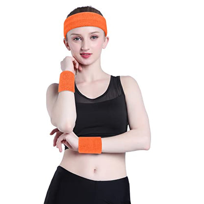 ONUPGO Sweatband Set Sports Headband Wristband Set Sweatbands Terry Cloth Wristband Wrist Sweatband Headbands Moisture Wicking Sweat Absorbing Head Band - color: Orange