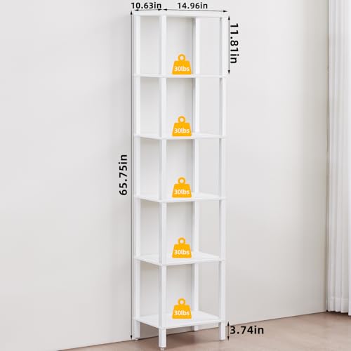 YUFAM 6 Tier Tall Skinny Bookshelf, Narrow Bookcase, Wooden Shelf, White - color: White, size: 6-Tier