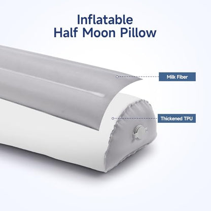 Inflatable Bolster Pillow for Legs, Knees & Back – Lightweight,Half Moon Support Cushion for Sleeping & Travel – Soft Milk Fiber & TPU – Adjustable Lumbar, Knee & Ankle Support 51x21x12cm