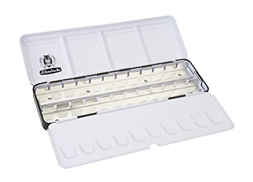 Schmincke - HORADAM AQUARELL Empty box 74 924 097, black metal box with mixing palette for individual filling with 24 x 1/2 or 12 x 1/1 cells - size: 8.8" x 2.8" x 0.9"