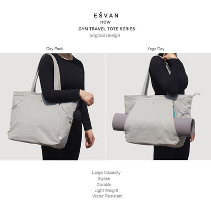 ESVAN Yoga Tote Bag for Women Shoulder Bags Drawstring for Office Workout Travel Carryall Pilates Gym and Beach - color: Nylon Light Gray