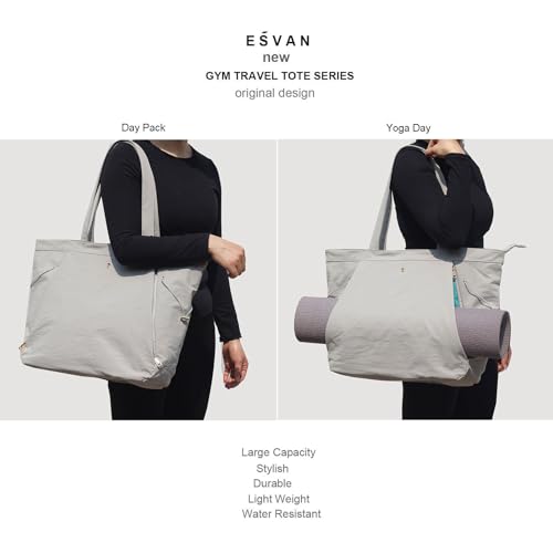 ESVAN Yoga Tote Bag for Women Shoulder Bags Drawstring for Office Workout Travel Carryall Pilates Gym and Beach - color: Nylon Light Gray